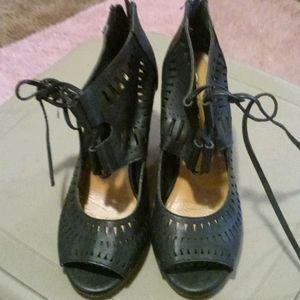 Lace up Leather wedges with wooden heels